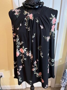 croft & barrow Black Floral Sleeveless Pleated Neck Blouse with Pink Flowers